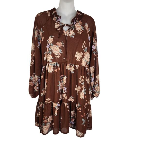 American Eagle Outfitters Dresses & Skirts - American Eagle Womens Mini Dress Small Tiered Long Sleeves Brown Floral Tie Neck